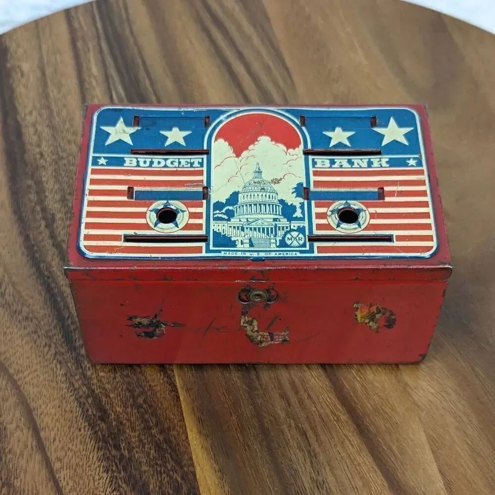 Vintage Marx Metal Budget Bank Capitol Stars and Stripes Multi Compartment